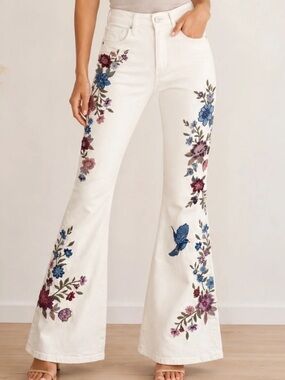 DRIFTWOOD Farrah Embroidered Flare Leg Jeans Blue Birds